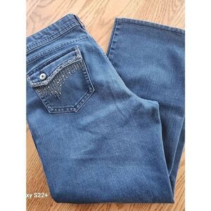 2 Jordache Bootcut Blue Jeans with Rhinestone & embroidered Pockets Medium wash